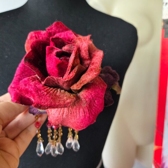 Handmade Red Velvet Millinery Rose and Beaded Fringe Hair Comb 1920s-Style - Picture 5 of 10